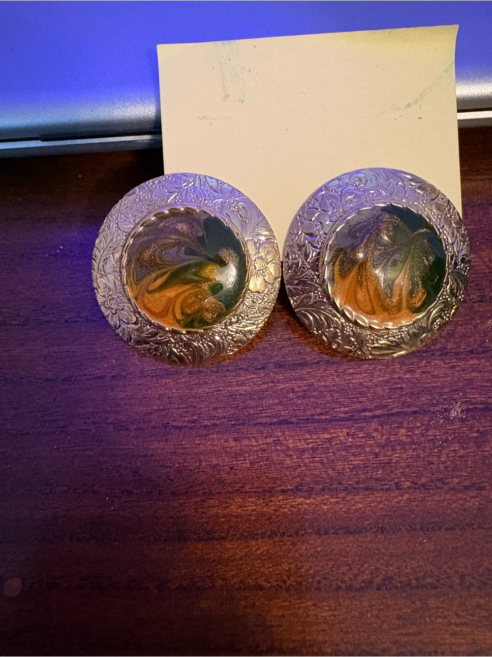 Gold Tone Round Swirl Resin Drop Earrings Brown & Gold
